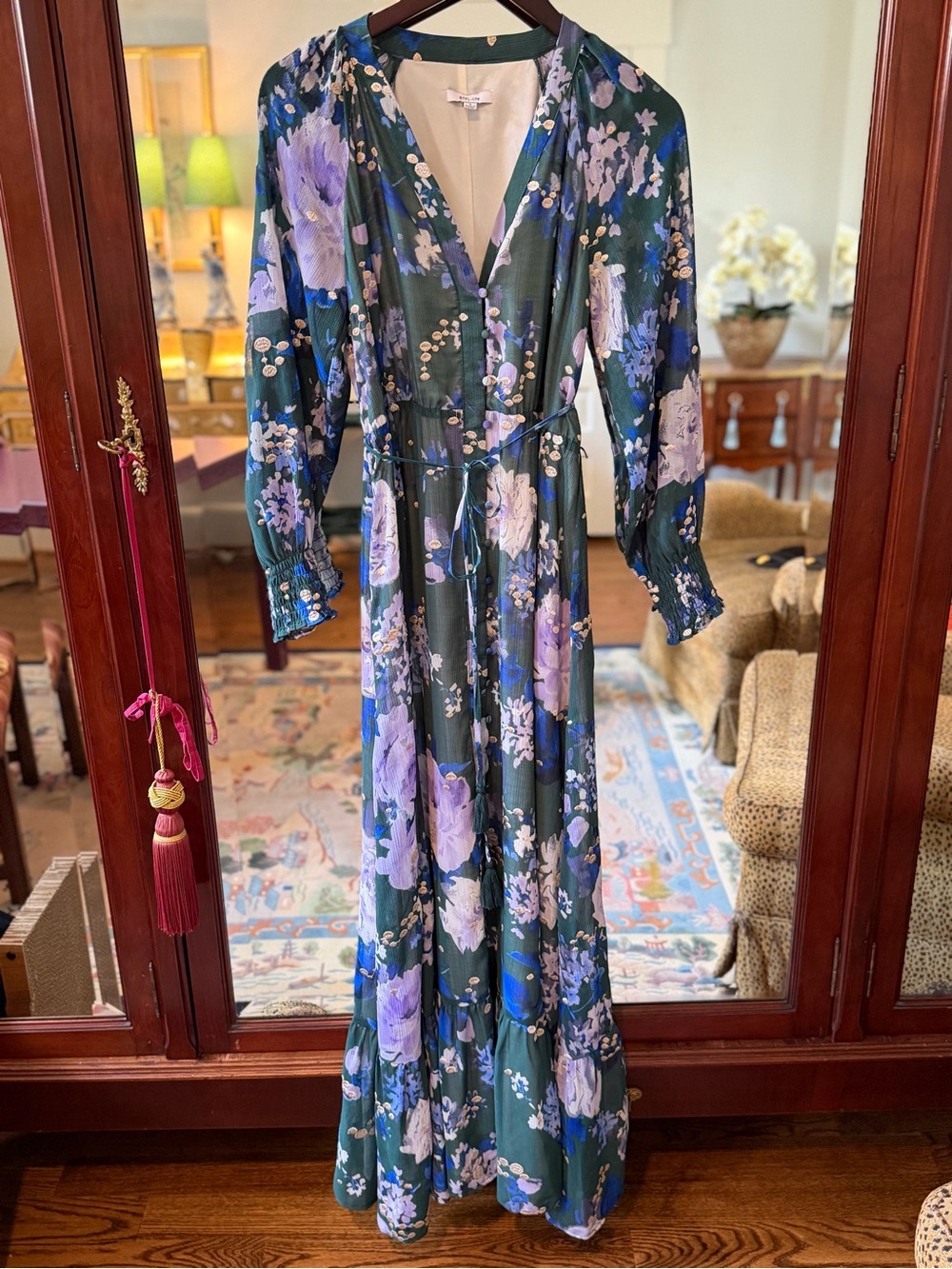 Dark Green Floral Maxi Dress with Lavender Blooms and Tie Waist